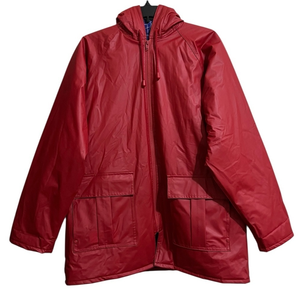 Misty Harbor Hooded Red Rain Coat Jacket Purple Plaid Lining Size Medium